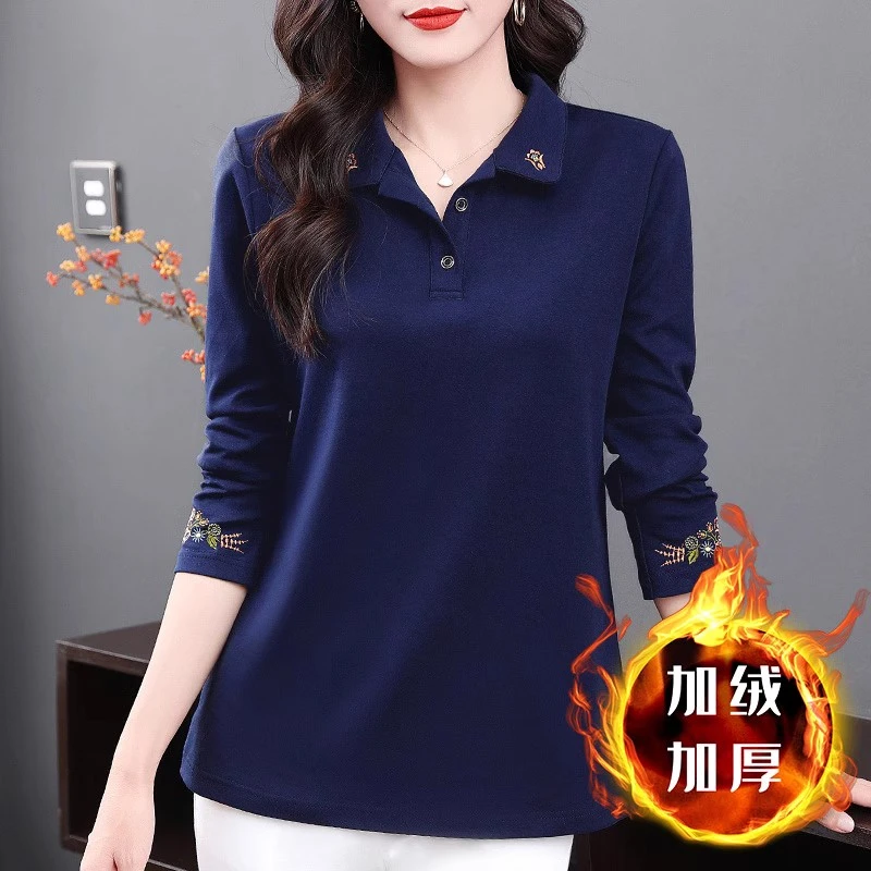 秋冬加厚长袖打底衫女2025新款大码翻领t恤中年妈妈休闲加绒上衣