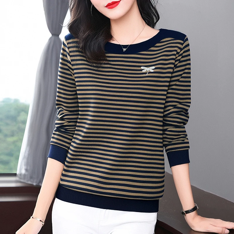 大码条纹长袖t恤2025新款春秋长袖打底衫女中年妈妈宽松遮肚上衣