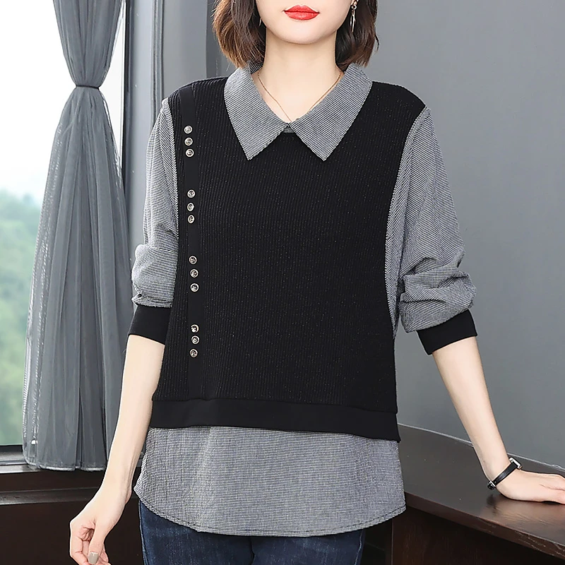 假两件长袖t恤女2025新款时尚洋气上衣大码宽松打底衫初秋穿搭