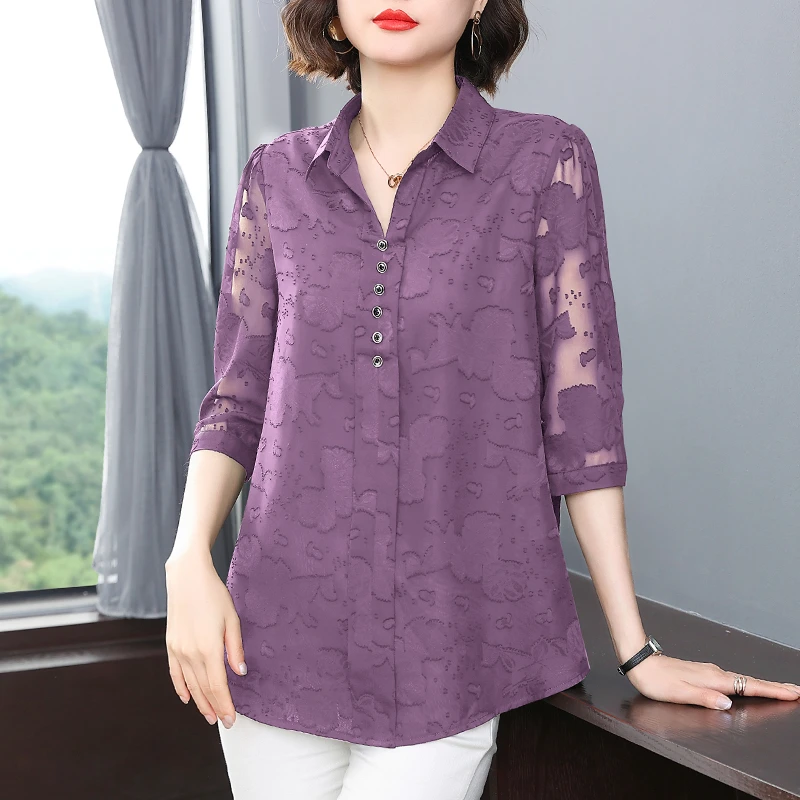 气质雪纺衫2025年洋气大码女装宽松遮肚子上衣夏季中袖七分袖衬衫