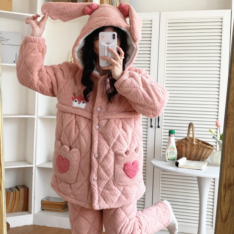 【0度以下】夹棉月子服哺乳孕妇睡衣连帽三层加厚保暖秋冬天怀孕期