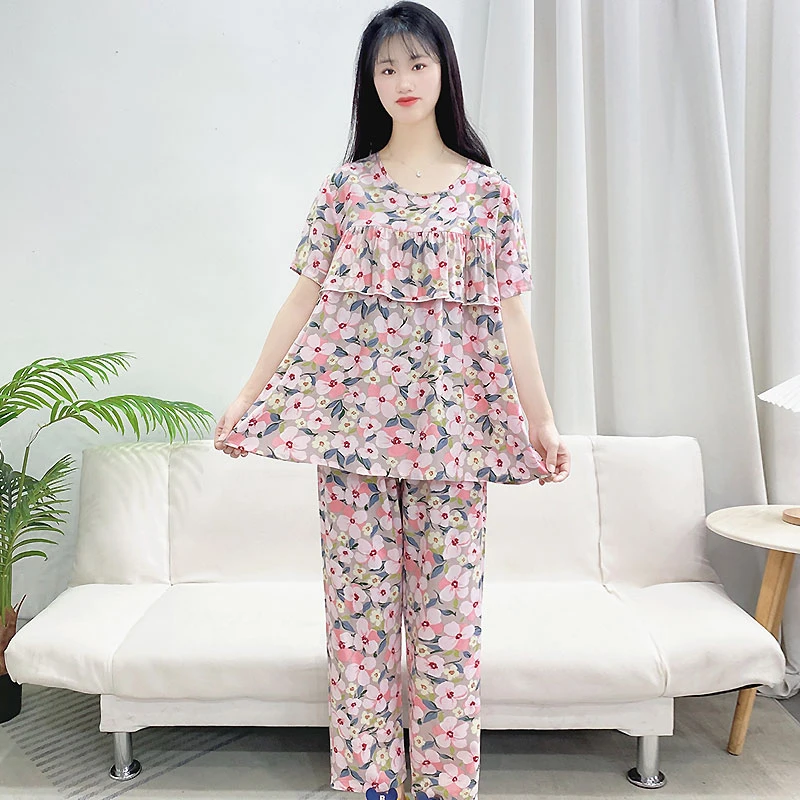 【短袖长裤防凸点套装】棉绸睡衣女夏天薄不带胸垫可外出家居服Y112