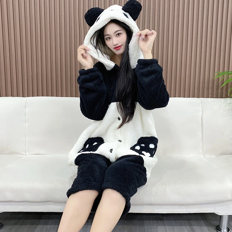 卡通长袖法兰绒睡衣秋冬款女睡袍加厚加绒可爱可外穿家居服Y135