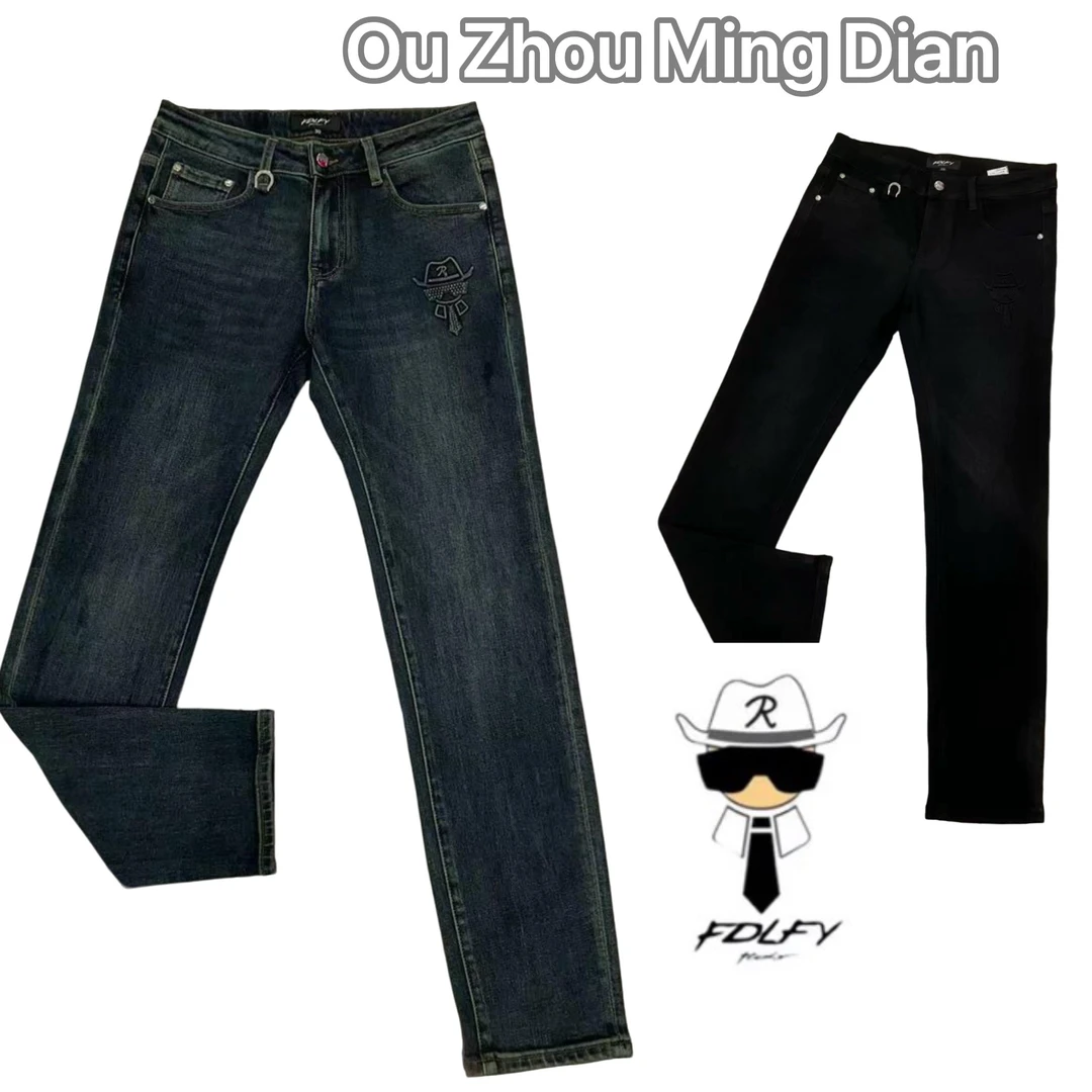 【欧洲名店】正品老佛爷FDLFY秋冬加厚重工钢印双色男士牛仔裤38342