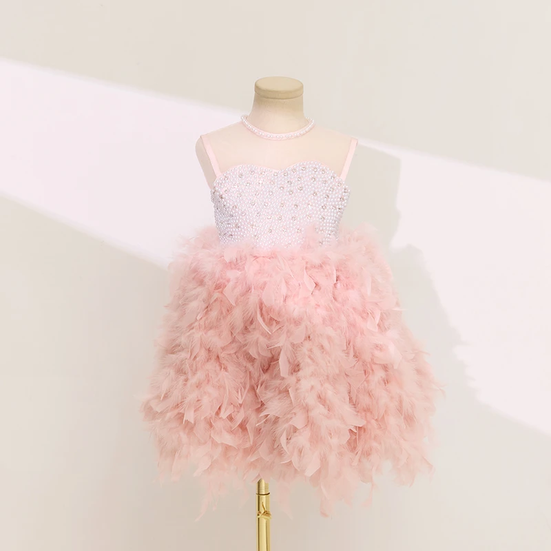 粉色短款羽毛生日女童公主裙婚礼花童钢琴演奏主持人小提琴演出服