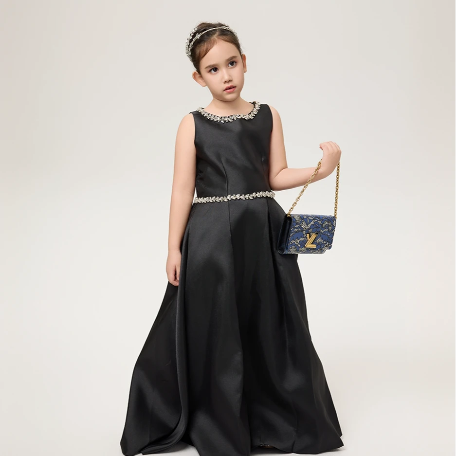 黑色缎面儿童礼服女童公主裙婚礼花童钢琴演奏主持人小提琴演出服