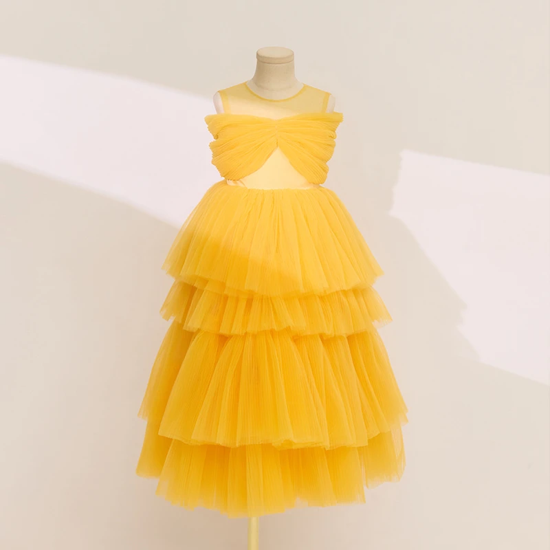 复古黄蓬蓬裙生日女童公主裙婚礼花童钢琴演奏主持人小提琴演出服