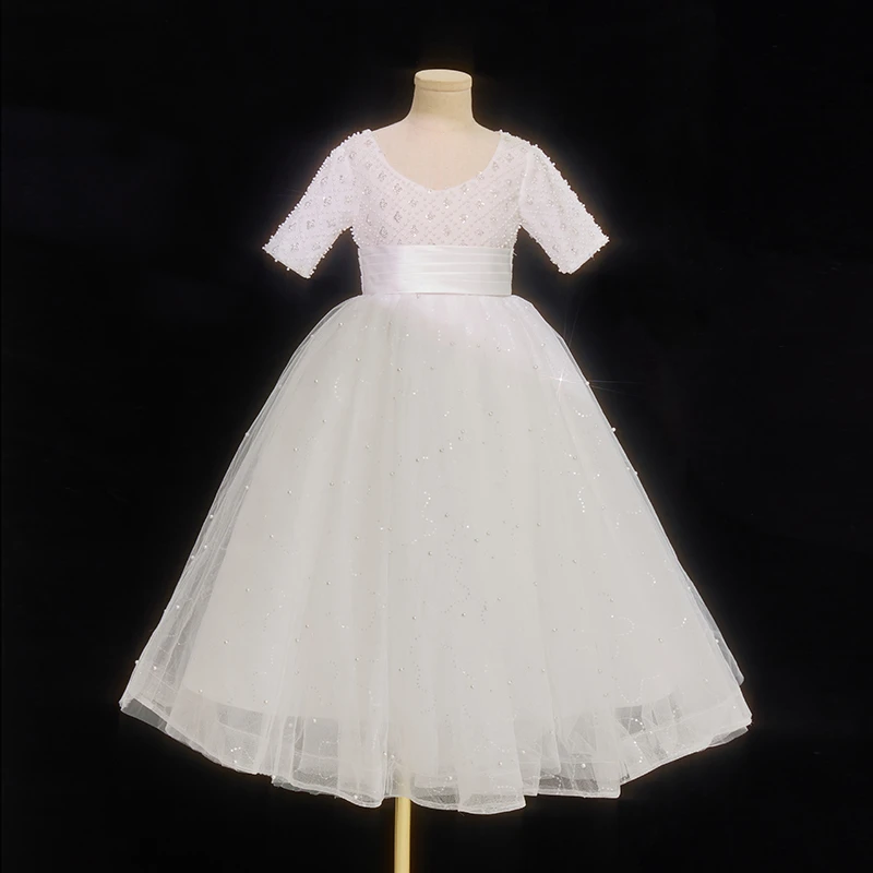 纯白珍珠半袖生日女童公主裙婚礼花童钢琴演奏主持人小提琴演出服