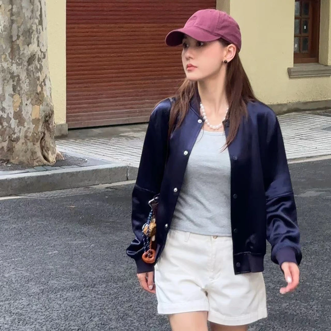 Players Handbook棕标s线定织光感醋面料宽松阔版棒球夹克PH1279