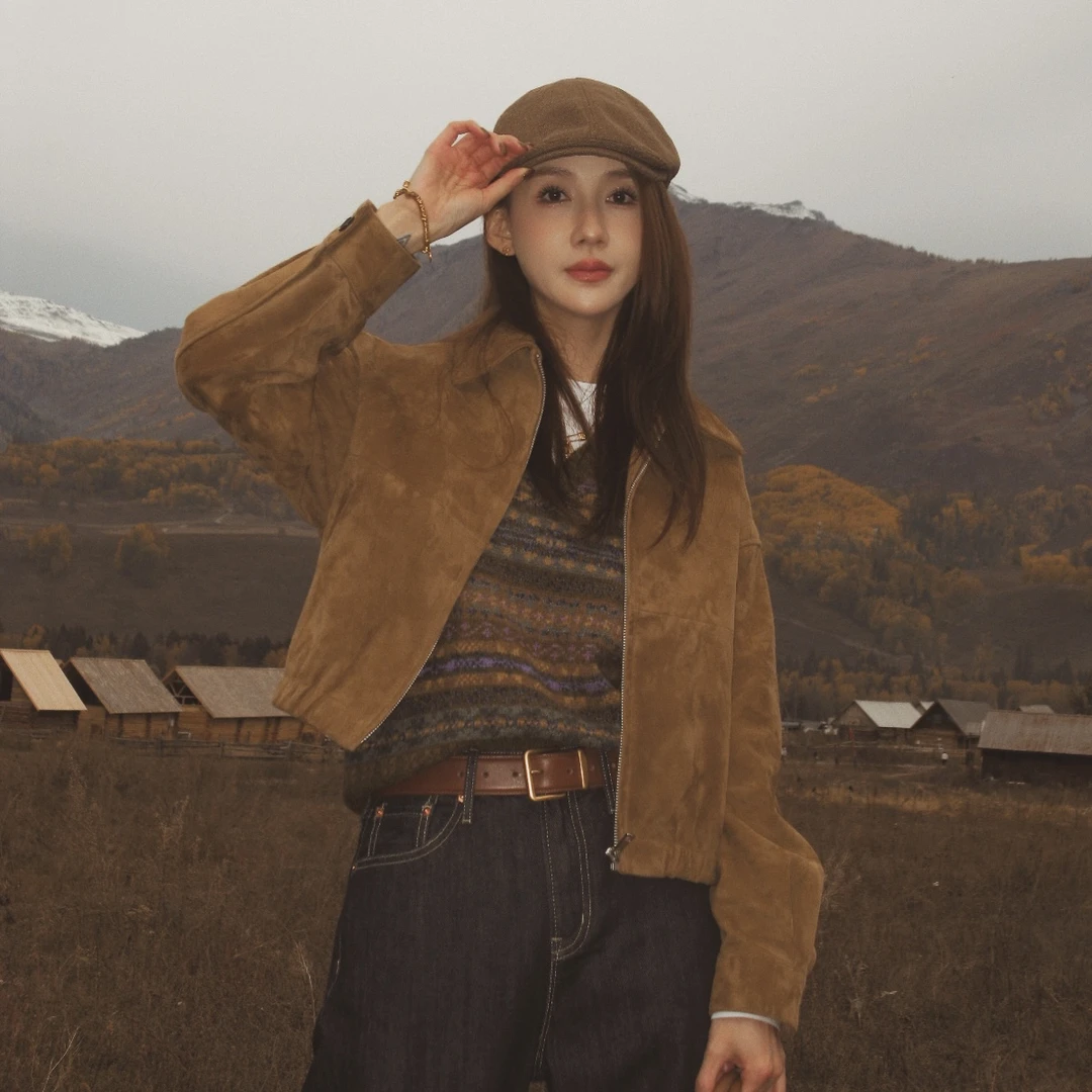 Players Handbook复古时尚机车中古款羊京皮绒拉链真皮夹克PH1366