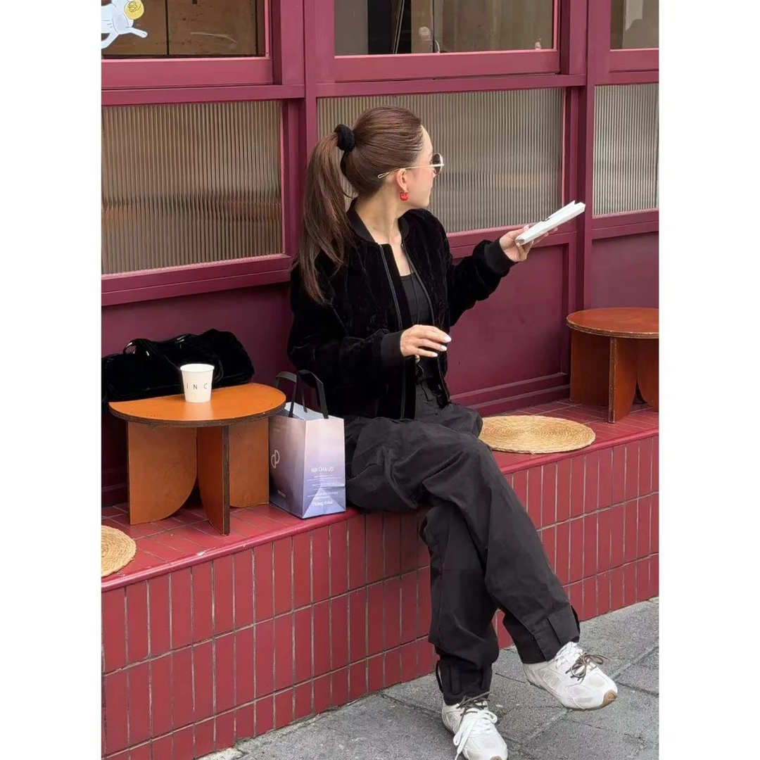 Players Handbook 重磅s线秋冬丝绒科技压褶短款棒球夹克PH1277