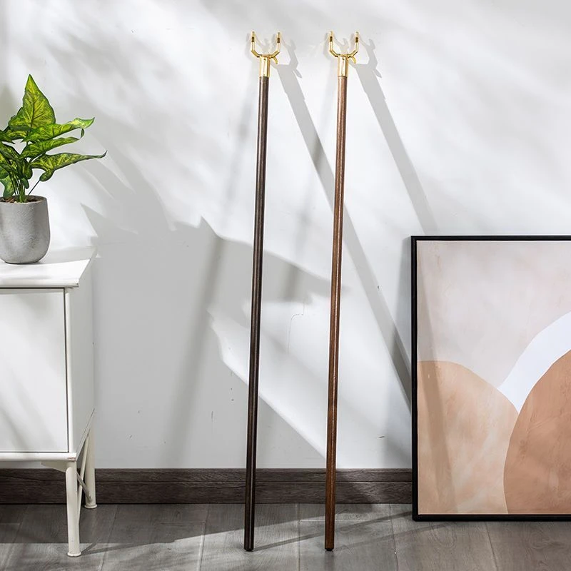 家用竹木晾衣杆单根胡桃色撑衣杆弹性衣叉杆服装长款阳台挑晒衣挂