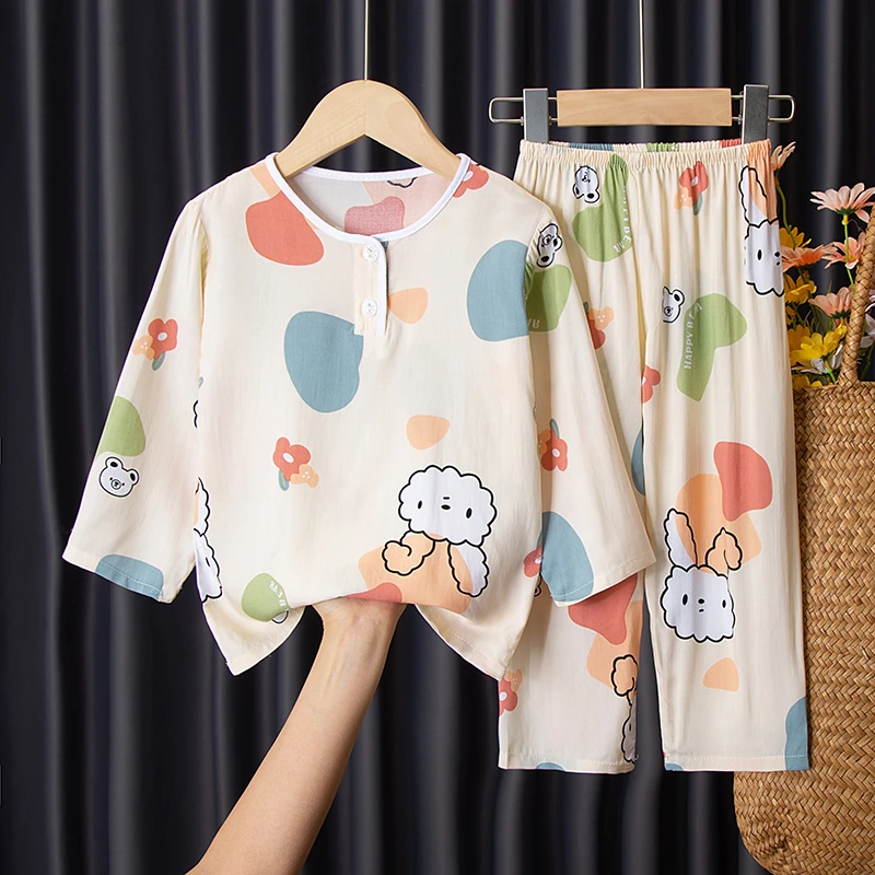 儿童棉绸薄款长袖男女宝宝卡通春夏天空调服居家服睡衣套装中大童