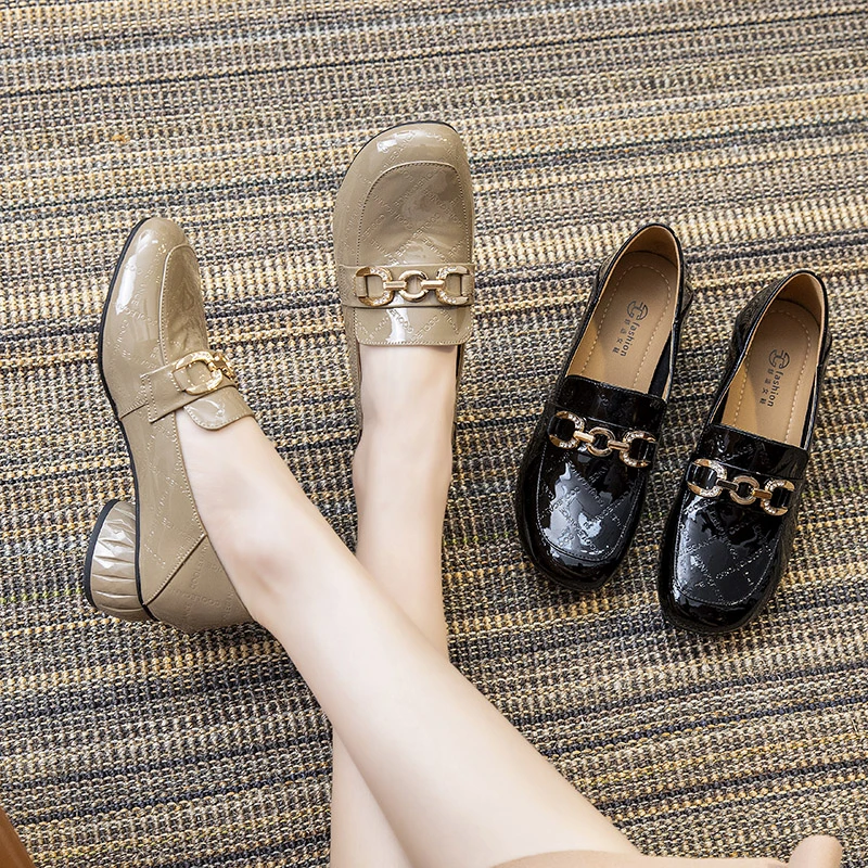 7236 妈妈鞋春秋款真皮粗跟单鞋中老年舒适乐福鞋软底一脚蹬女鞋