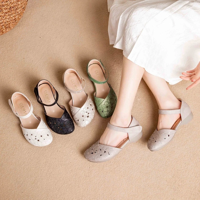 6882母亲节新中式女鞋中老年舒适百搭平底镂空浅口时尚透气洞洞鞋