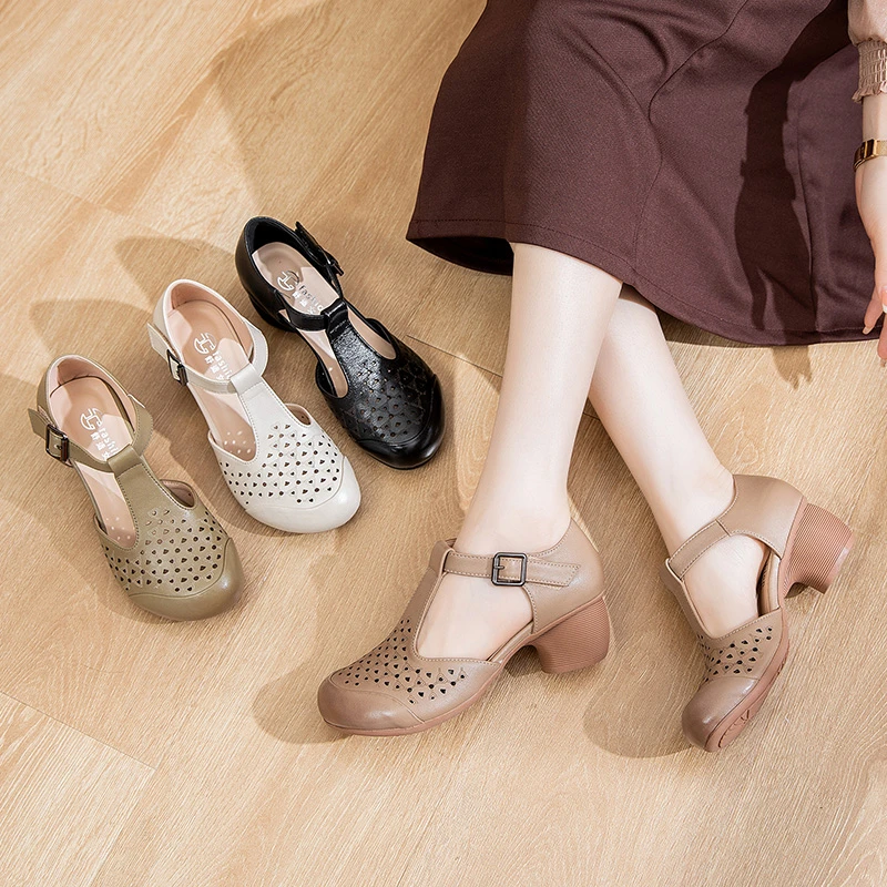 夏季真皮粗跟软底软面女鞋老年妈妈鞋凉鞋防滑中老年百搭23529