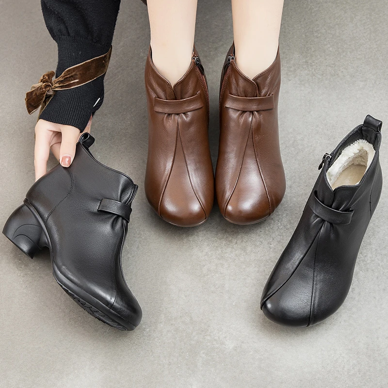 6899复古气质百搭真皮软底粗跟圆头拉链加绒靴子舒适防滑耐磨女鞋