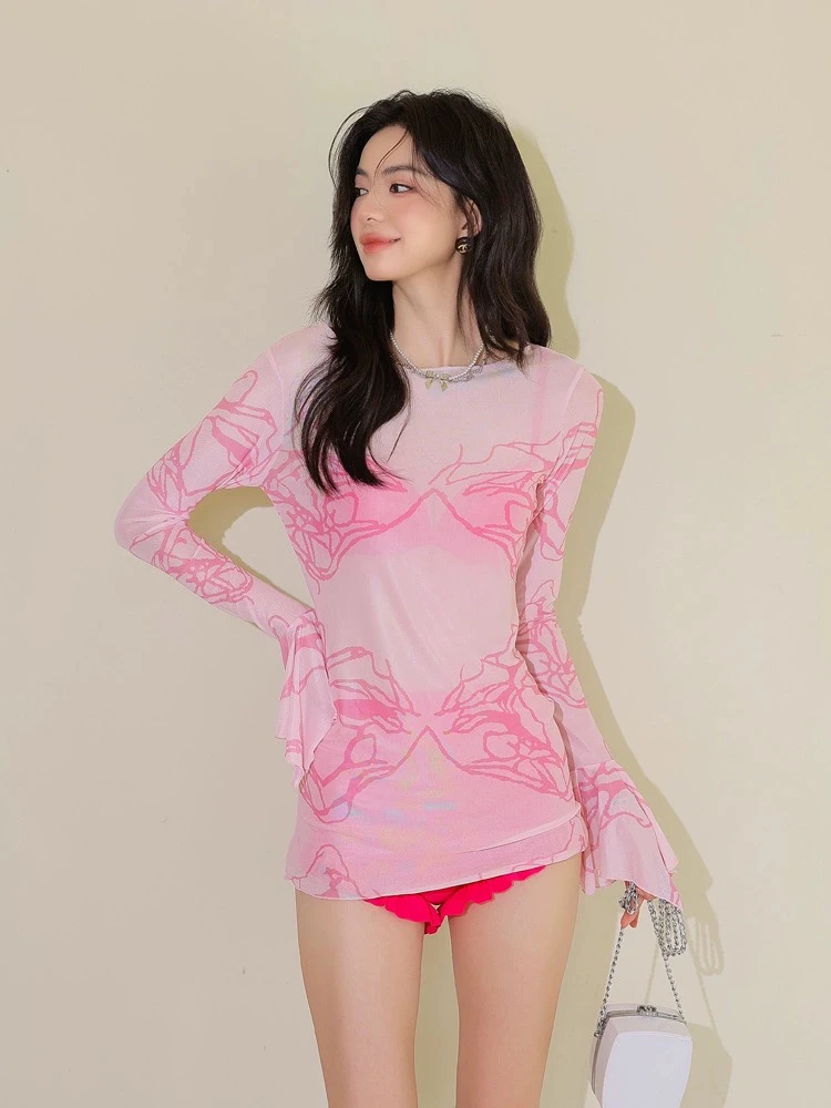 新款泳衣女分体罩衫三件套遮肚显瘦夏性感高级感扎染泳装
