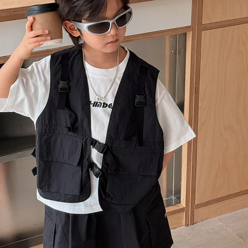 炸街潮款~男孩户外工装马甲LZ210夏新款韩版中大童叠穿镂空坎肩薄