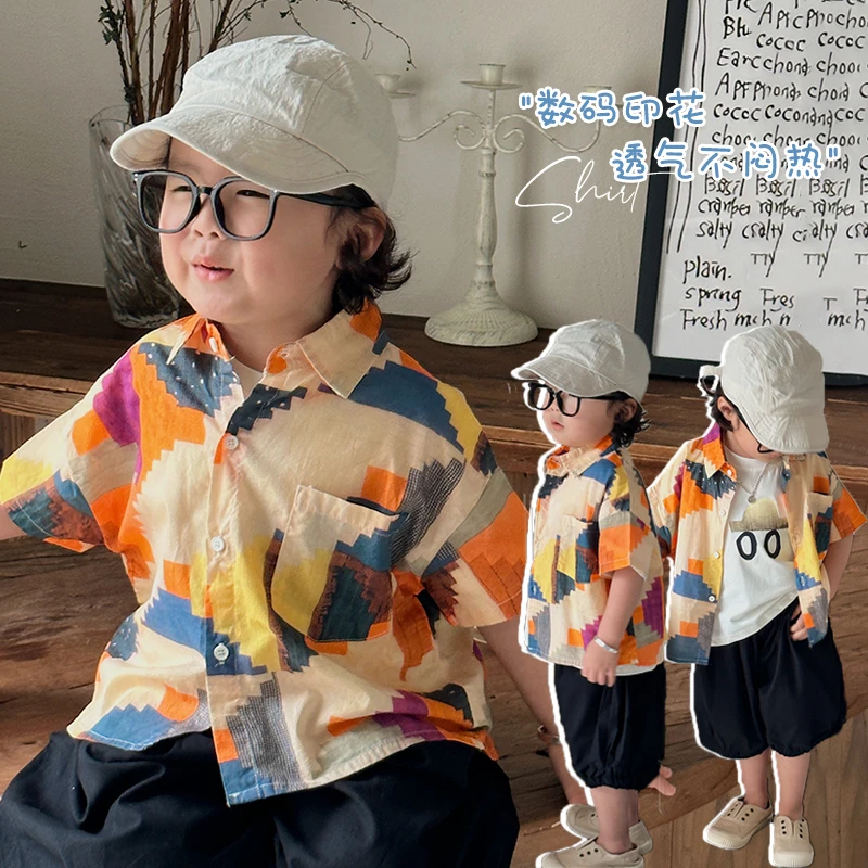 《云瀚》夏新款男女童彩色花衬衫短袖夏装韩版LZ49衬衣小童男宝潮酷