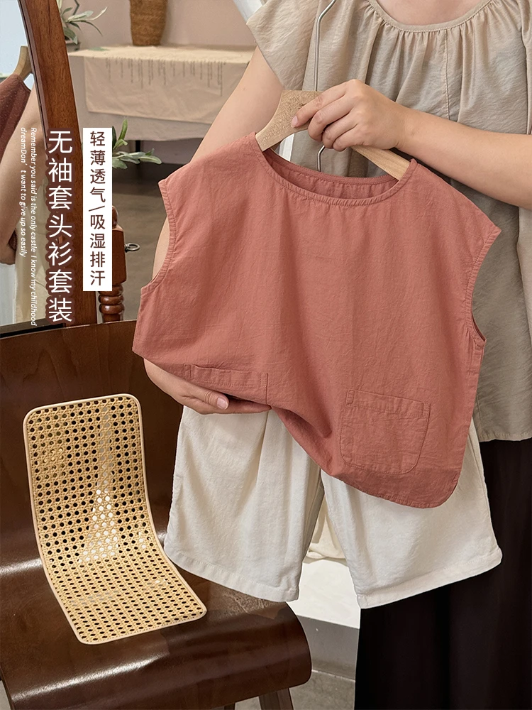 《棠夏》森系~韩腔调原胚暗纹棉麻背心LZ301双口袋儿童洋气无袖衫