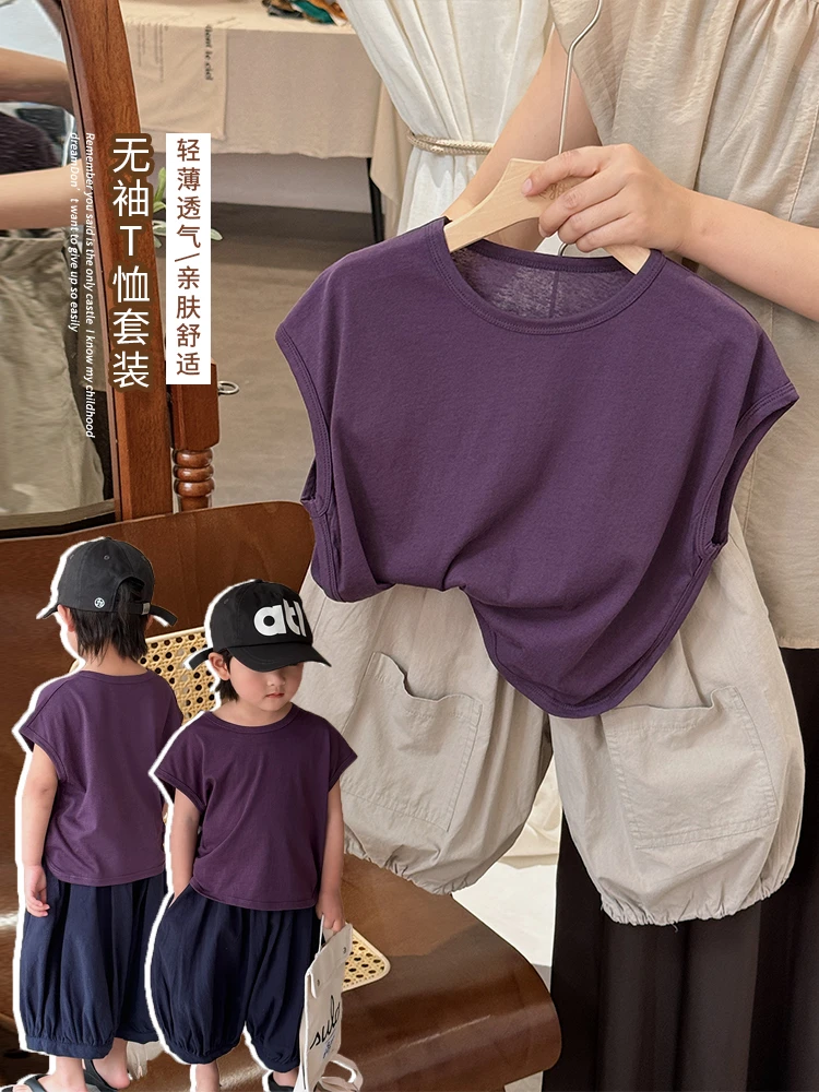 《悦禾》纯色落肩无袖t恤~儿童LZ367夏装韩版男女童白色短袖背心T