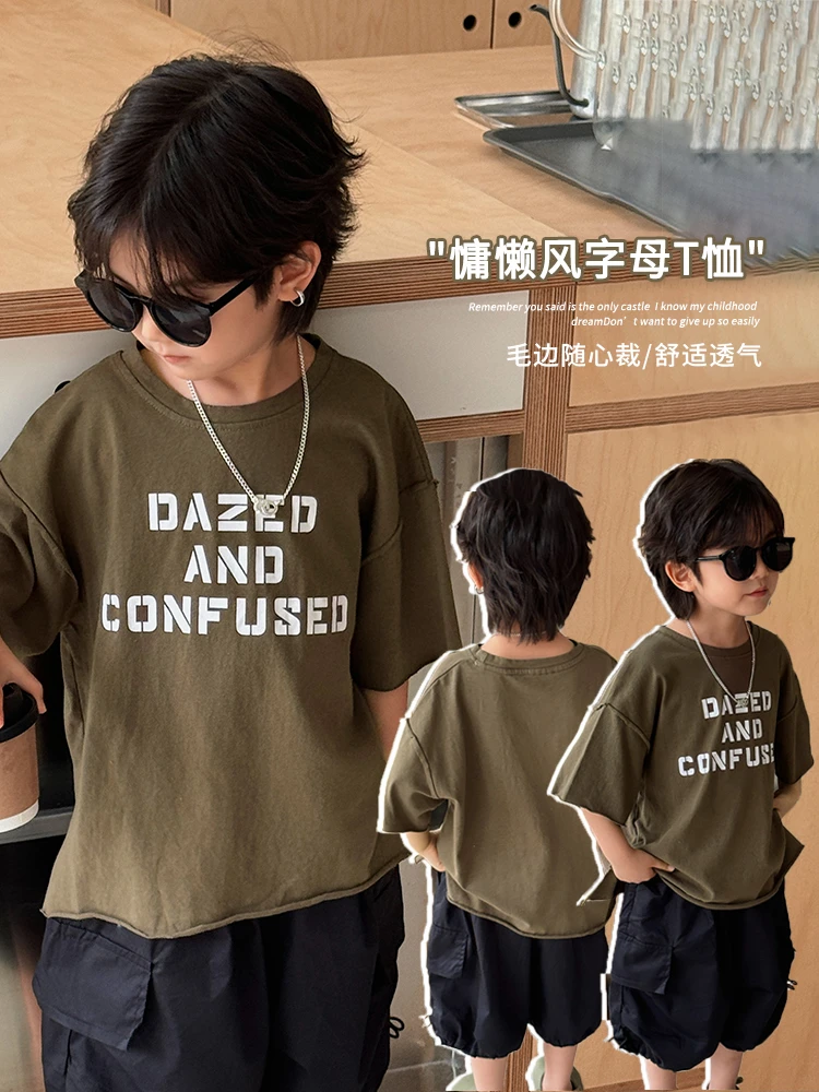 【亏本福利】男童慵懒风短袖TU159夏中大童半袖儿童毛边随心裁T恤
