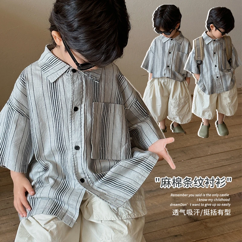 《主播主推》复古风~大口袋夏男女童撞色条纹衬衫短袖LZ55中大儿童