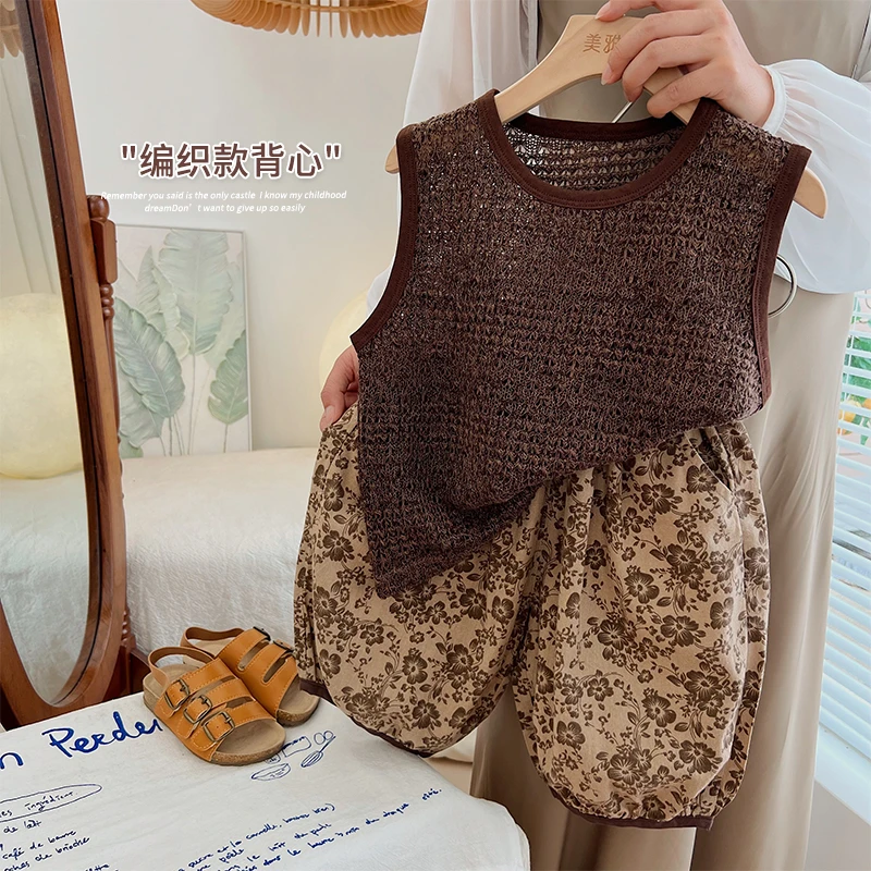 《夏上新》森系男女童夏季无袖套装LU272韩版针织镂空背心碎花