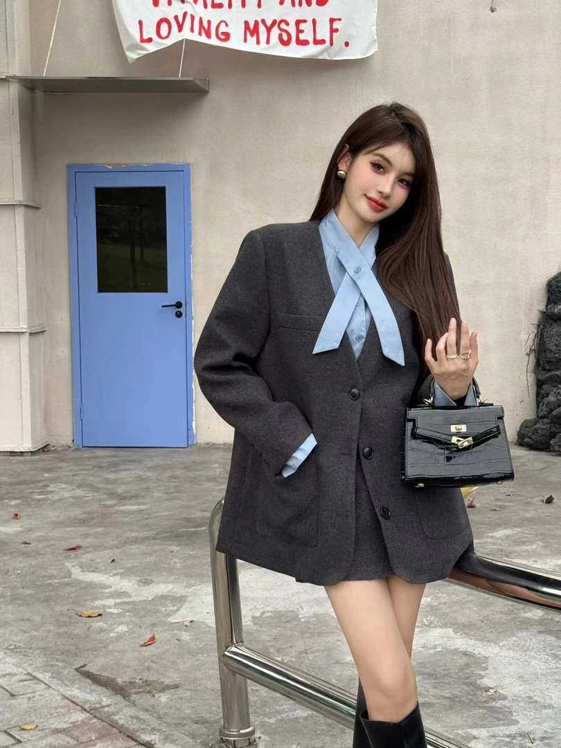 【十一家】 羽绒小香风毛呢套装裙外套半身裙两件套W4642