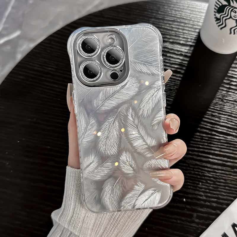 羽毛闪粉镜头苹果15手机壳iPhone14女生爆款外壳13网红高级感全包