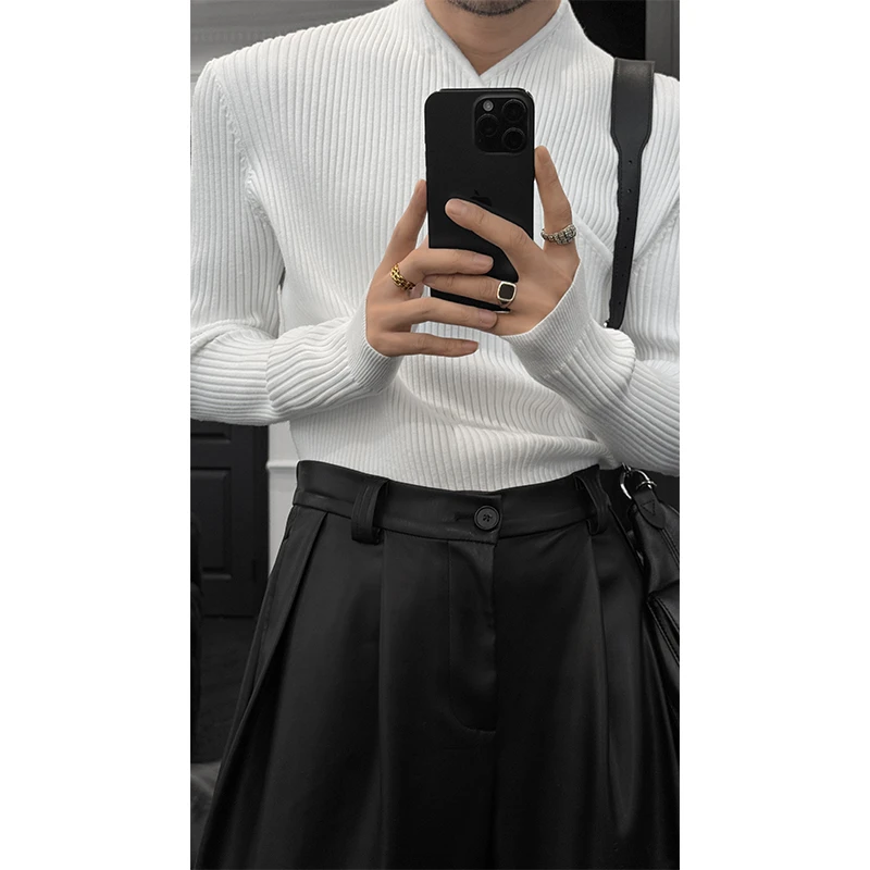 秋季新款潮流纯色简约设计感粗线条百搭修身毛衣针织打底衫