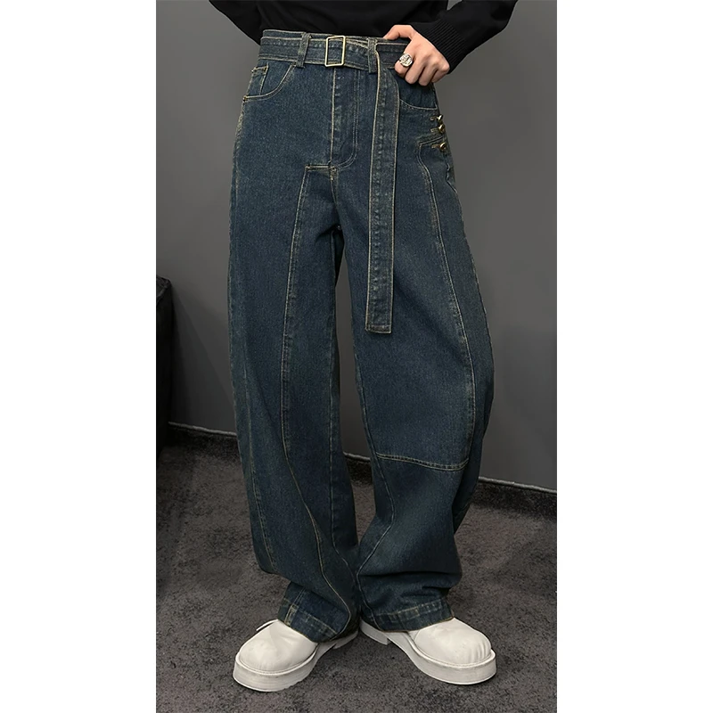 2024秋季新品美式复古水洗牛仔裤男腰带设计宽松直筒长裤