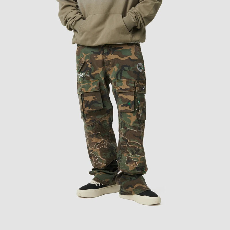 潮牌泼墨迷彩工装裤男2024秋冬新款多口袋宽松休闲长裤女