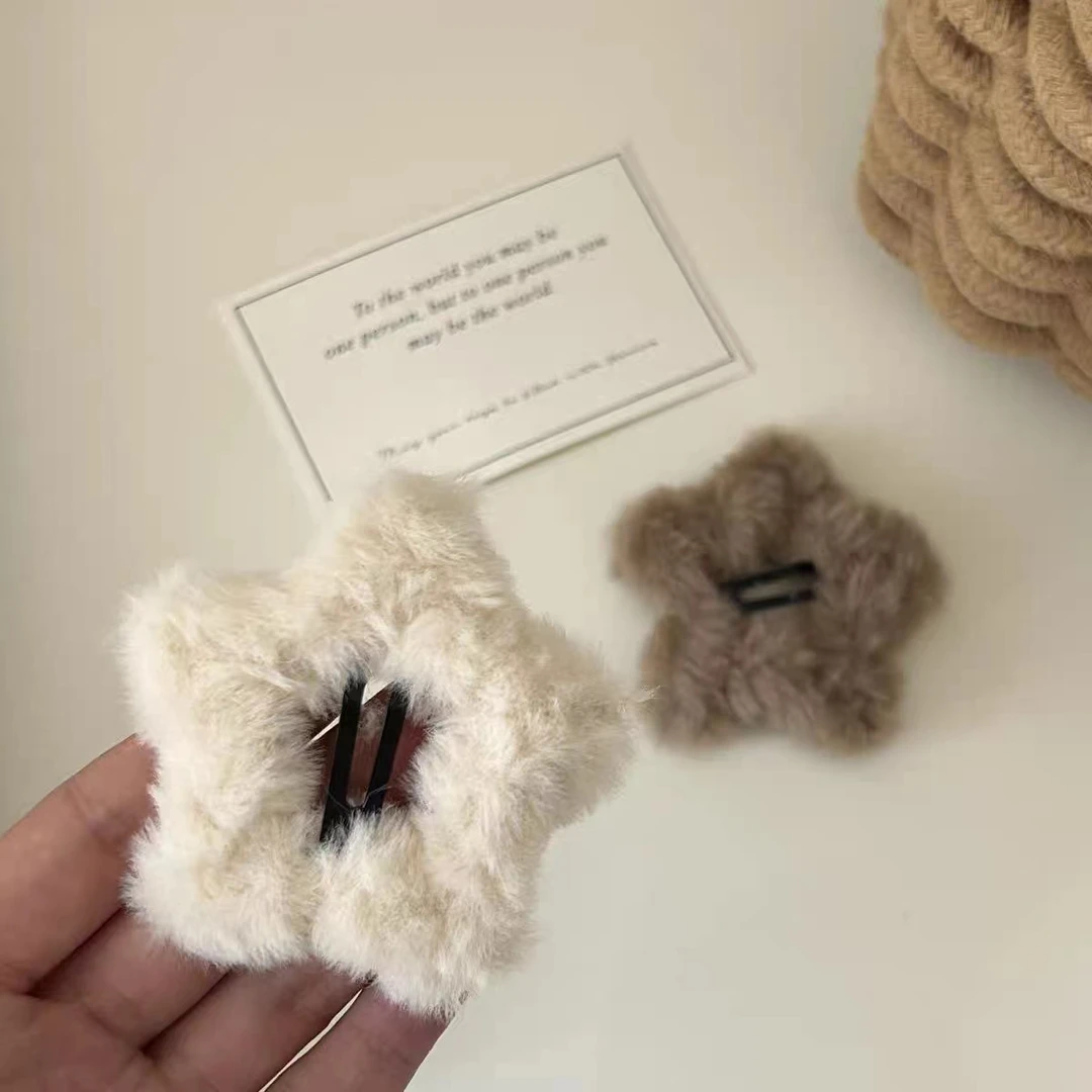 秋冬毛茸茸米咖简约星星BB夹ins少女毛绒五角星边夹可爱发饰发卡