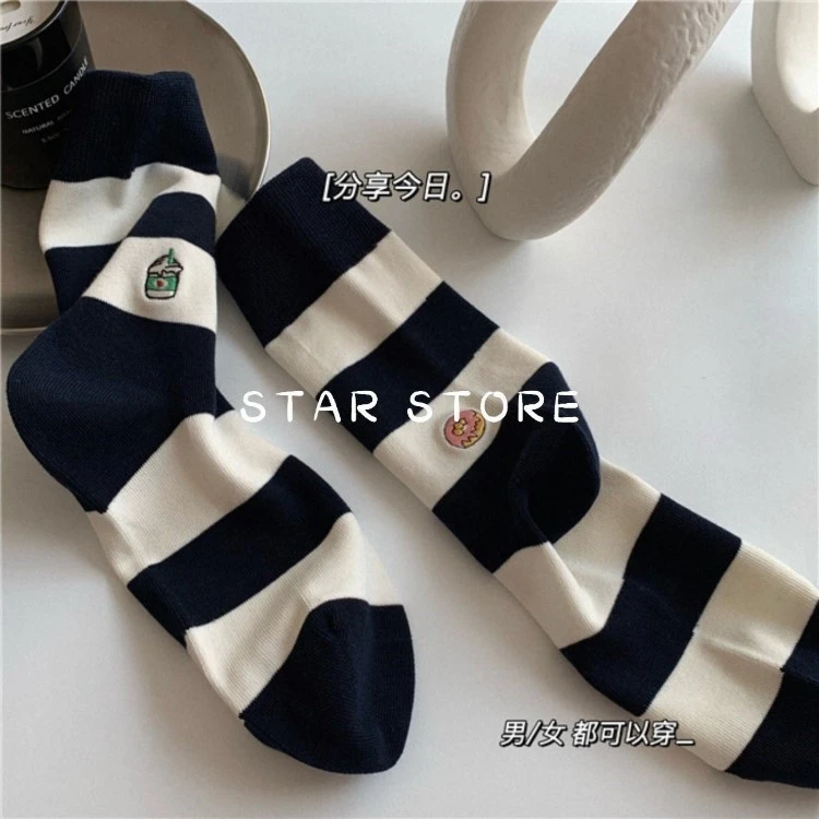 袜子女士宽条纹款韩系中筒夏天黑白长筒秋冬季长袜可爱日系ins潮