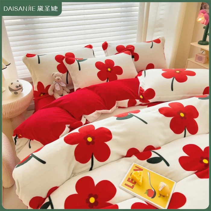 2023新款牛奶绒印花四件套床单被套加厚双面绒家用单人学生宿舍