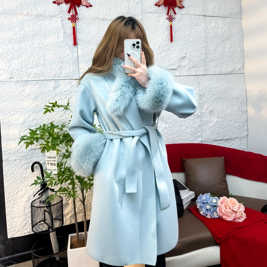 KK8802毛领款秋冬时尚长款女士气质百搭双面毛呢大衣