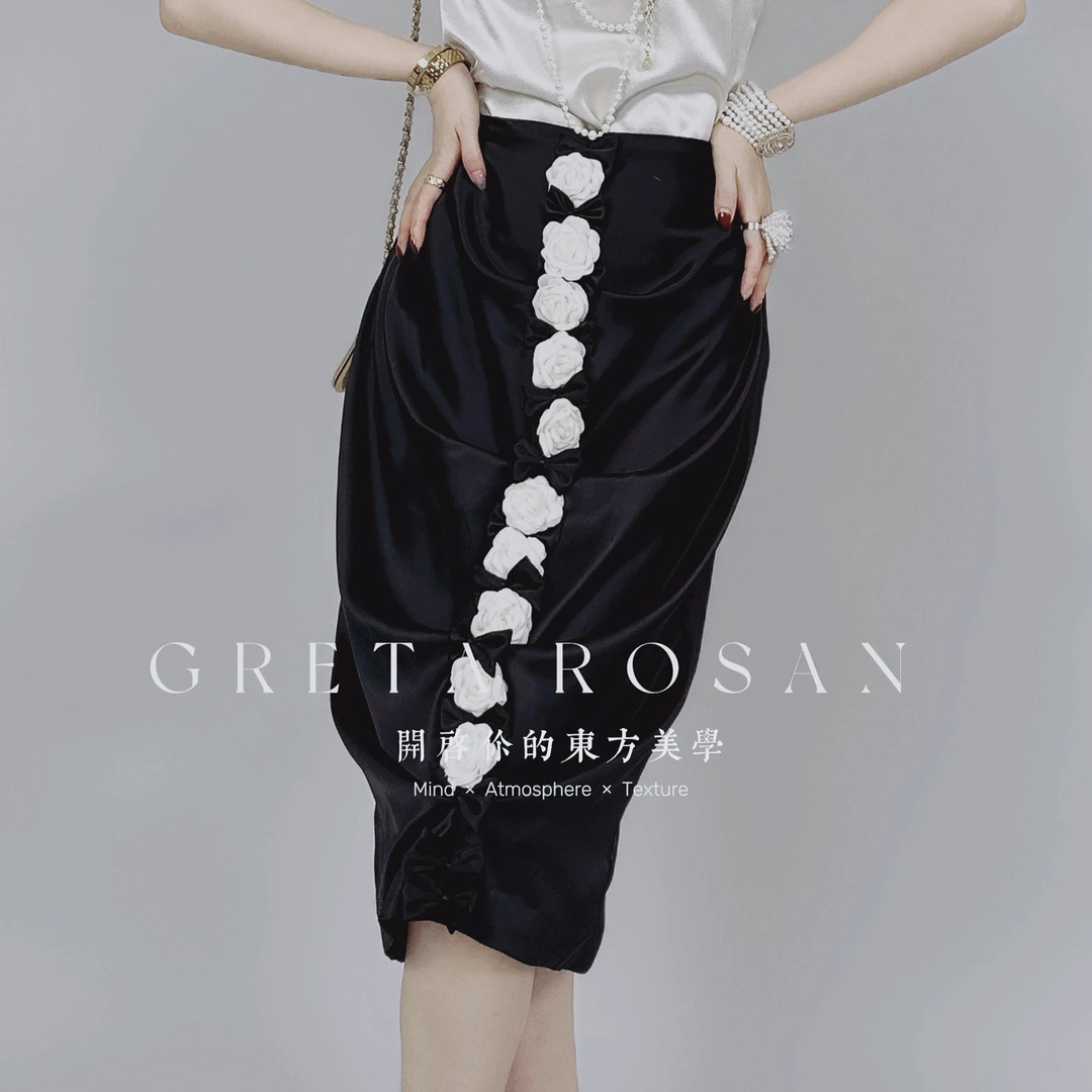 ROSAN【五号茶花】高级手工坊重磅黑色醋酸缎蝴蝶结茶花气质半裙