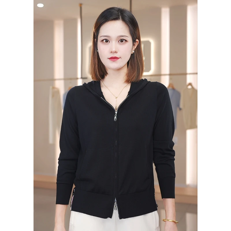 【100%羊毛】2025年秋季新款精纺可机洗连帽针织开衫纯色女士羊毛衫