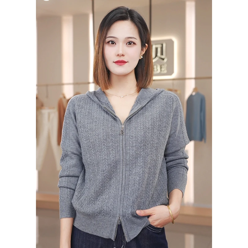 【100%绵羊毛】24秋冬新款纯色双头拉链开衫外套连帽绞花女士羊毛衫