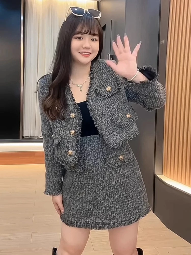 大码胖mm显瘦小香风时髦套装女秋冬高级感胖妹妹短外套半裙两件套