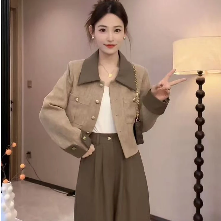 小香风时尚套装女秋季新款气质百搭撞色polo领短款外套高腰阔腿裤