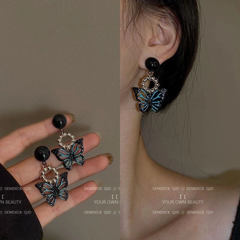 甜酷黑色蝴蝶耳钉女百搭气质高级感耳饰小众2025新款潮设计感耳环