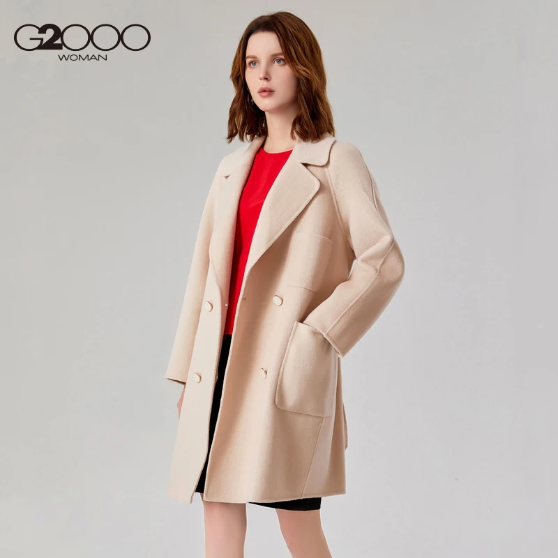 G2000女装秋冬中长款宽松系带羊毛呢风衣外套单排扣大衣08221304