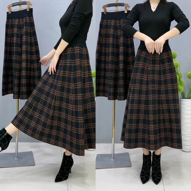 秋冬新款高腰A字半身裙女格子伞裙中长款遮胯显瘦大摆裙百搭款