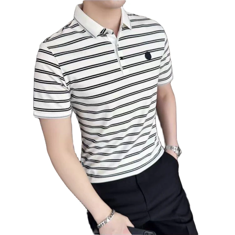 时尚轻奢男士POLO衫翻领短袖2023夏季休闲上衣条纹T恤