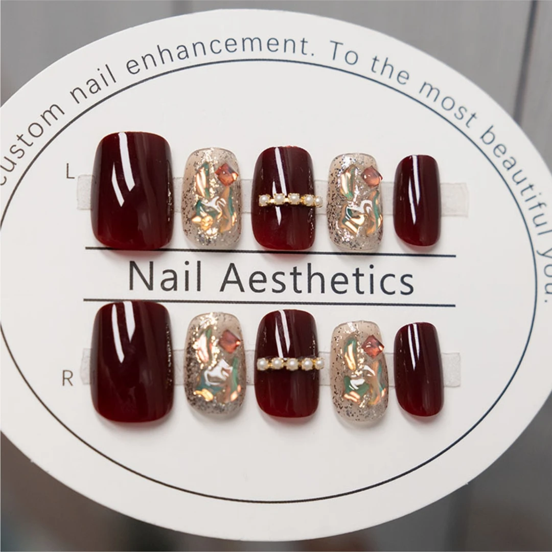 穿戴甲【酒红探戈】全尺寸24片中长款秋冬款不分大小码可拆卸超轻便