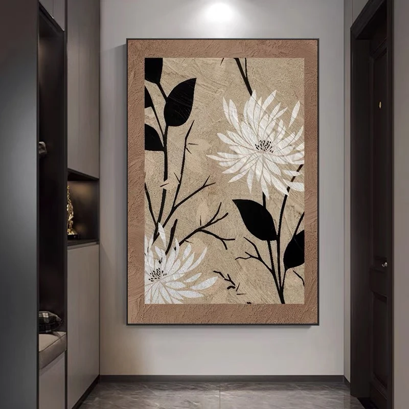 侘寂风客厅背景墙落地画法式中古风玄关餐厅卧室砂岩画