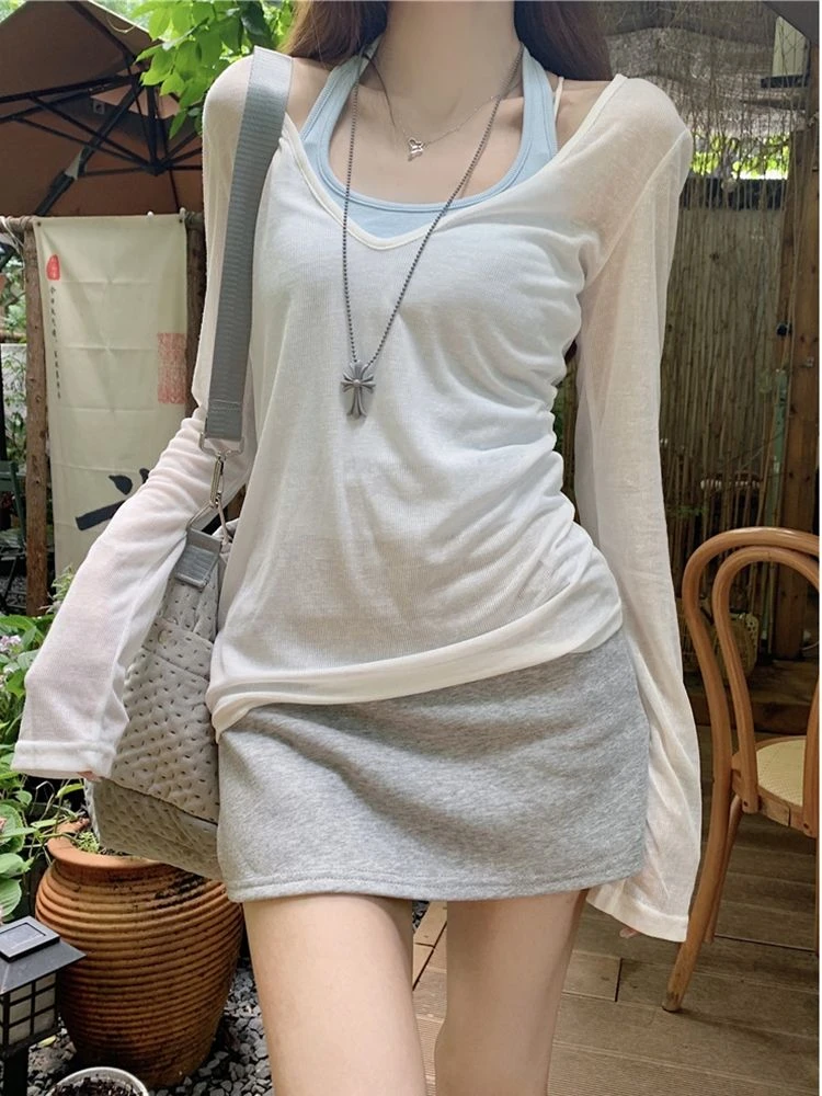 纯欲风套装V领薄款罩衫T恤女夏季小众内搭挂脖背心上衣时尚两件套